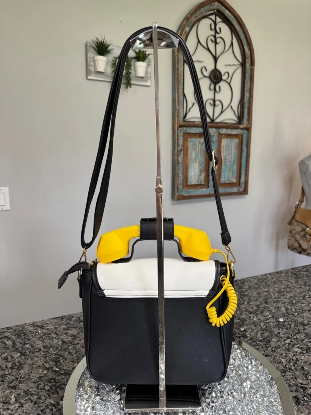Bam Forever Retro White and Black Crossbody Bag with Yellow Handset Accent EUC